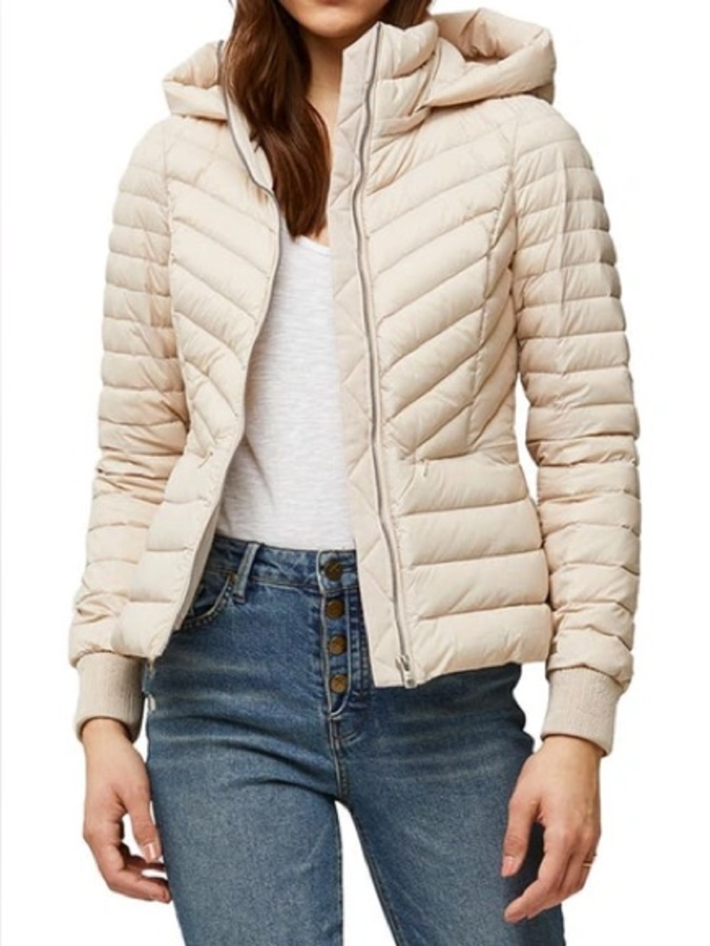 Soia & Kyo Chalee Lightweight Down Jacket Cream Puffer Detachable Hood XS